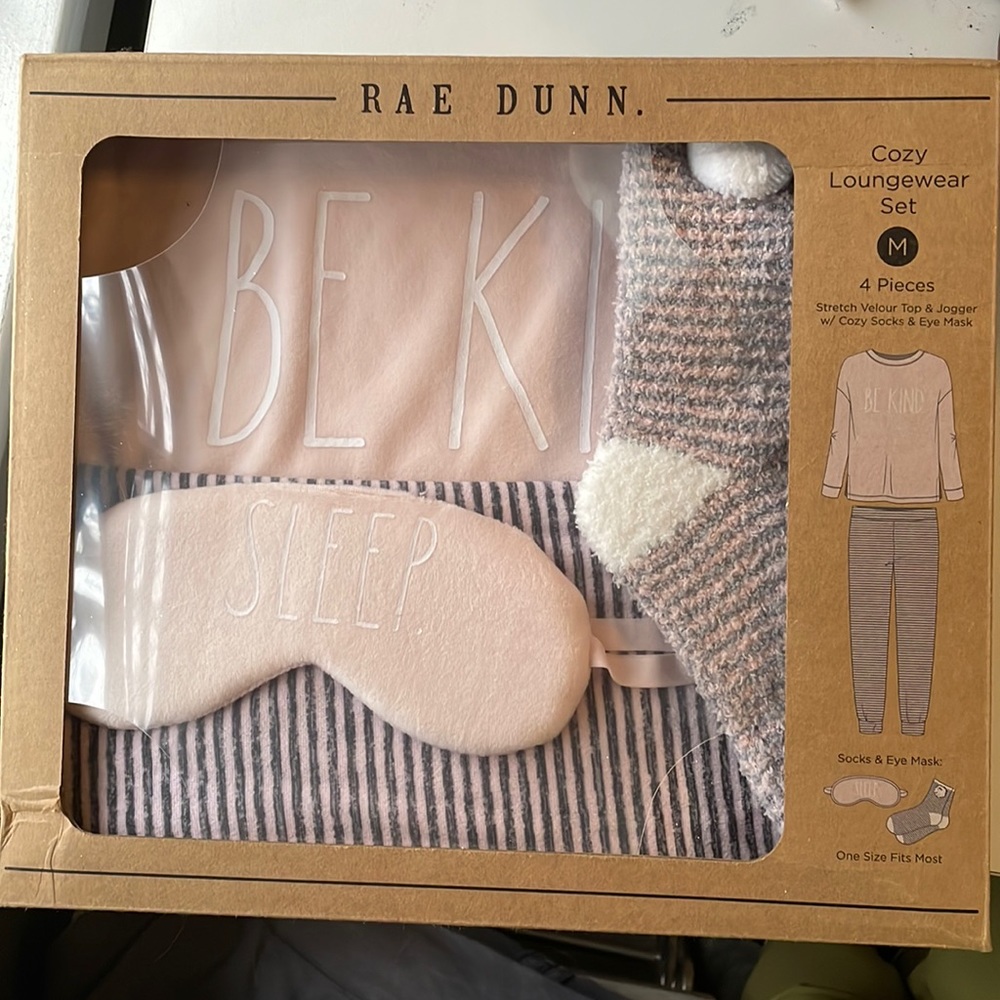 NWOT Rae Dunn Cozy Loungewear Set pink and grey shirt pants socks eye mask